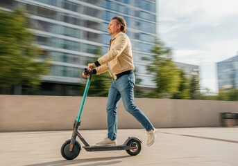 Businessman is riding an electric scooter in the city