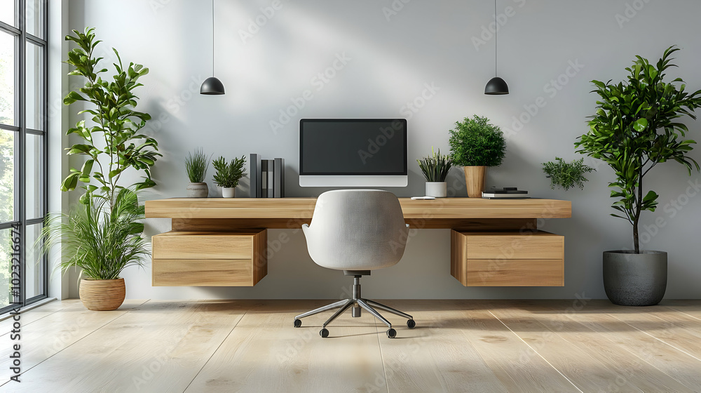 Poster 3d glossy home office setup icon with digital art background - stylish workspace featuring desk chai