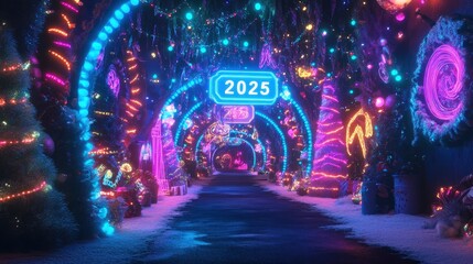 2025 illuminated in bright neon blue, surrounded by swirling colorful lights and festive decorations.