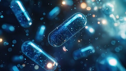 Close-up of floating blue capsules with tiny sparkling particles, suggesting innovation and advanced pharmaceutical technology.