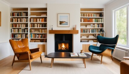 A Scandinavian living room with a fireplace, a large comfortable armchair and a bookshelf filled with books