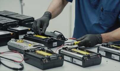 A close-up image of a technician using specialized equipment to dismantle and extract valuable materials from used lithium-ion batteries