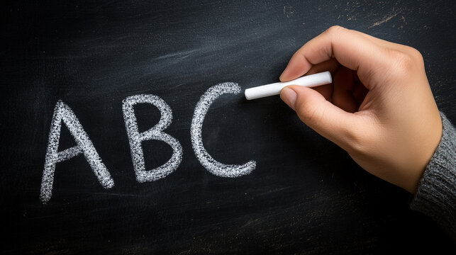 Hand holding a white shalk and writing ABC on a blackboard, as easy as ABC concept