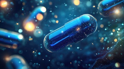 Floating blue capsules surrounded by a field of tiny sparkling particles, creating a futuristic health and wellness concept.