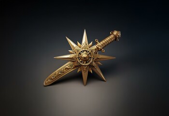 A golden sword with intricate detailing shaped like a star lies on a black surface.