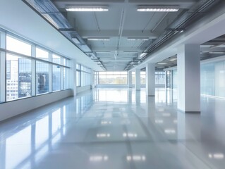 Bright and spacious office area features large windows, polished floors, and a minimalist design during the daytime
