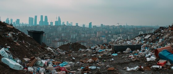Urban sprawl meets extensive garbage piles under a gray sky, echoing the relentless impact of human consumption on the environment.