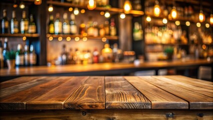 Rustic wooden table top with a blurred background of a dimly lit bar with shelves of bottles and warm lighting