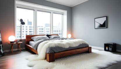 Fototapeta premium A cozy Scandinavian bedroom with a wooden bed frame, a sheepskin rug and a large window with natural light streaming in