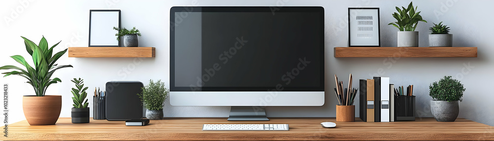Poster monitor and desk organizer isolated concept � a high-quality vector image showcasing an efficient ho