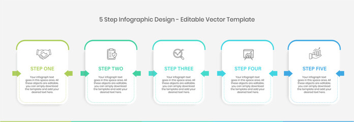 Five step Infographics Design Template, Chart diagram, Graph, Pie chart, workflow layout, squire diagram, report, Editable presentation design elements, Process diagram in white background
