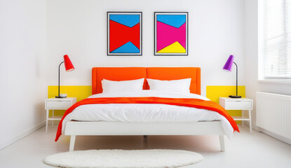 A minimalist Scandinavian bedroom with a white bed frame, white bedding and a small nightstand with a lamp, Pop art style