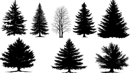Various Christmas Tree Silhouettes on a White Background