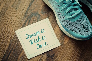 A simple white card with the quote "Dream it. Wish it. Do it." lying next to a pair of running shoes on a hardwood floor, symbolizing the transition from ambition to action. 