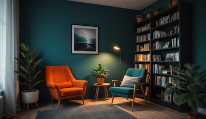 A stylish and modern living room with a teal wall, a large bookshelf, and two comfortable chairs. The room features warm lighting and plants, adding to the ambiance and creating a cozy