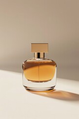 A simple yet stylish perfume bottle glows softly, highlighting its elegant design against a muted background