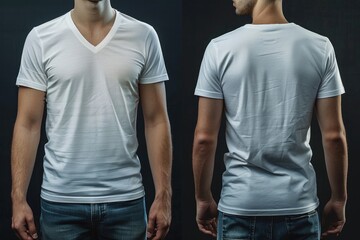 Image of a mans v neck t shirt in two angles  Image of a mans v neck t shirt in two angles