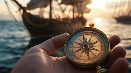 Close-up of an explorerâ€™s hand holding a compass with the ship in the background
