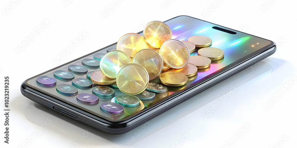 Poster glossy smartphone with holographic coins and calculator display - minimalistic financial concept wit