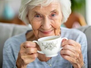 An elderly woman smiles warmly while holding a delicate teacup in her cozy living room, radiating joy and comfort