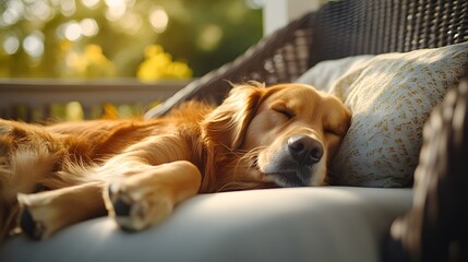 Golden retriever peacefully sleeping on a porch sofa in a sunlit backyard, with shallow depth of field and warm tones creating a cozy outdoor atmosphere for an inviting summer scene.