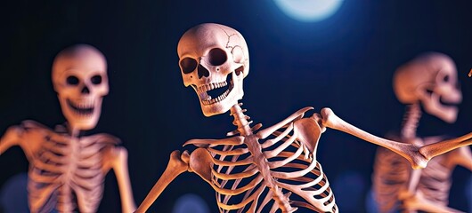 A playful skeleton dances in a spooky graveyard under a full moon, capturing the essence of Halloween and festive spirit.
