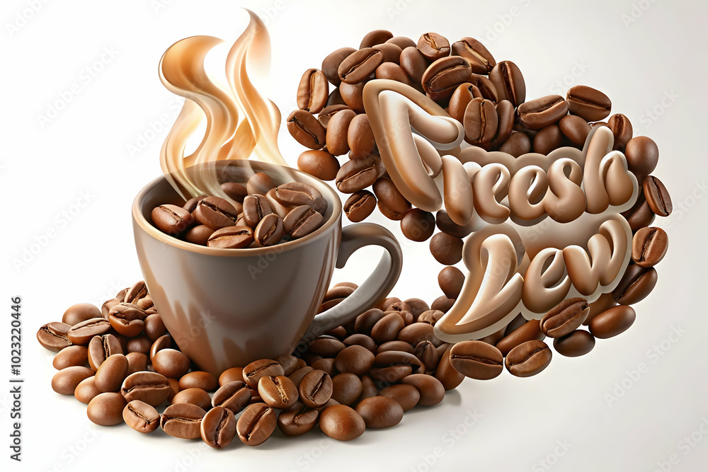 Poster abstract swirl of coffee beans forming a steaming cup shape with fresh brew text - dynamic vector de