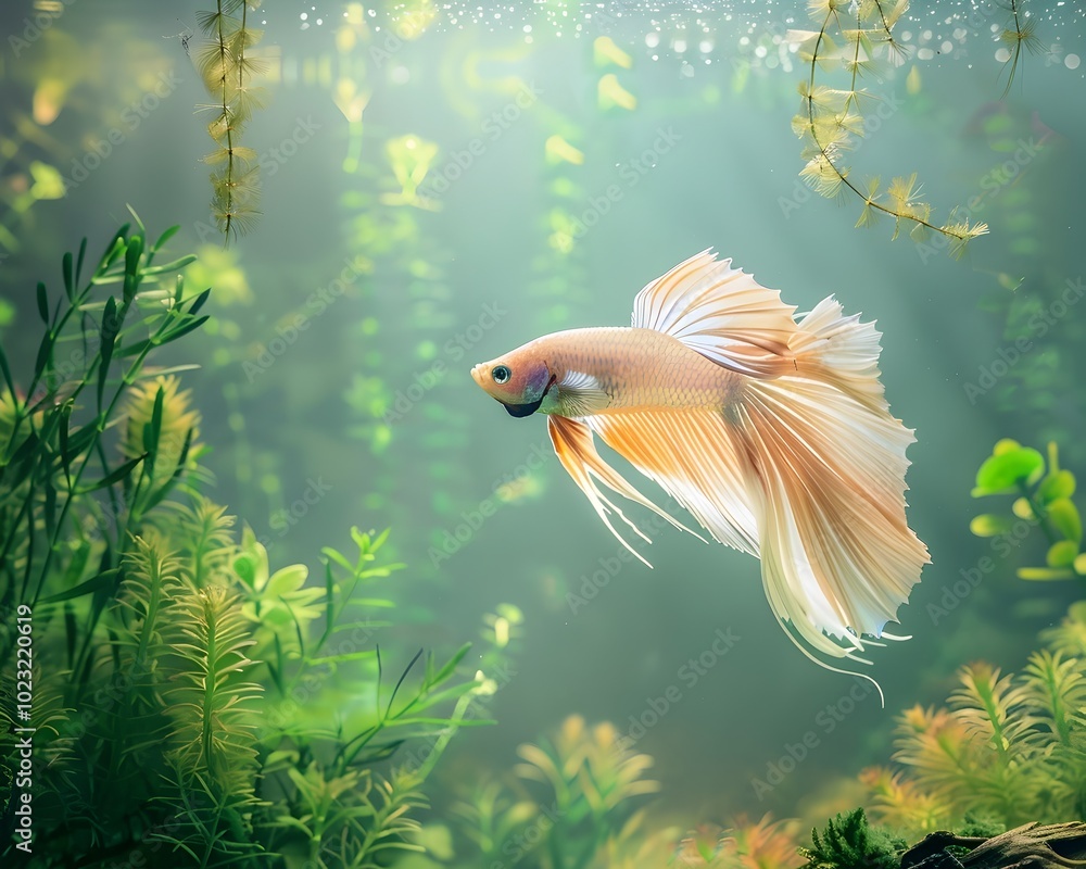 Poster Mesmerizing Betta Fish Swimming Gracefully in Lush Aquarium Environment