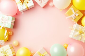 Birthday background, pastel color with birthday gifts and balloons, bow