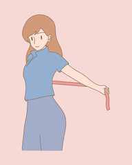 Woman doing stretching with exercise band. Girl doing lower back pull down with long rubber resistance band. Hand drawn flat cartoon character vector illustration.