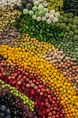 Colorful background wallpaper backdrop with fruits and vegetables for healthy food vegetarian vegan diet