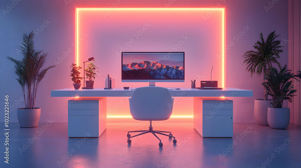 Poster 3d icon of a glossy home office setup featuring a stylish desk and computer with digital art backgro