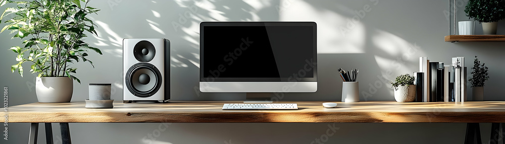 Poster desktop speaker and notebook isolated vector image for tech forward home office concept - creative w