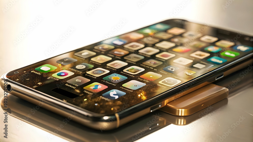 Poster glossy smartphone showcasing floating holographic coins and calculator display in minimalistic finan