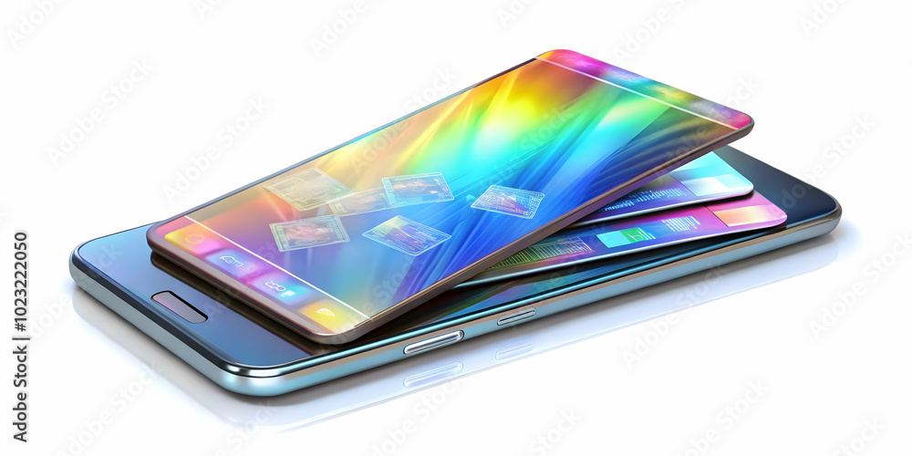 Poster minimalistic glossy smartphone with holographic coins and calculator display for financial and budge