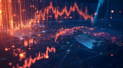 Fototapeta premium Stock market trends displayed on a world map with financial hubs connected by lines