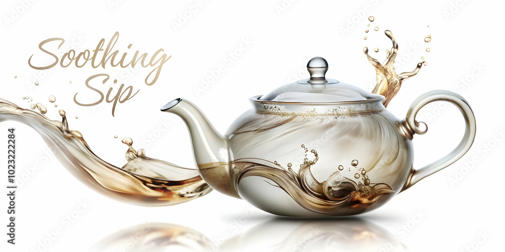 Poster floating teapot with steam creating graceful wave pattern for relaxing soothing sip tea promotions -