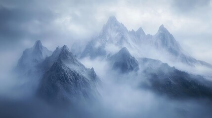 A mountain range covered in fog, with peaks and valleys disappearing into the mist.