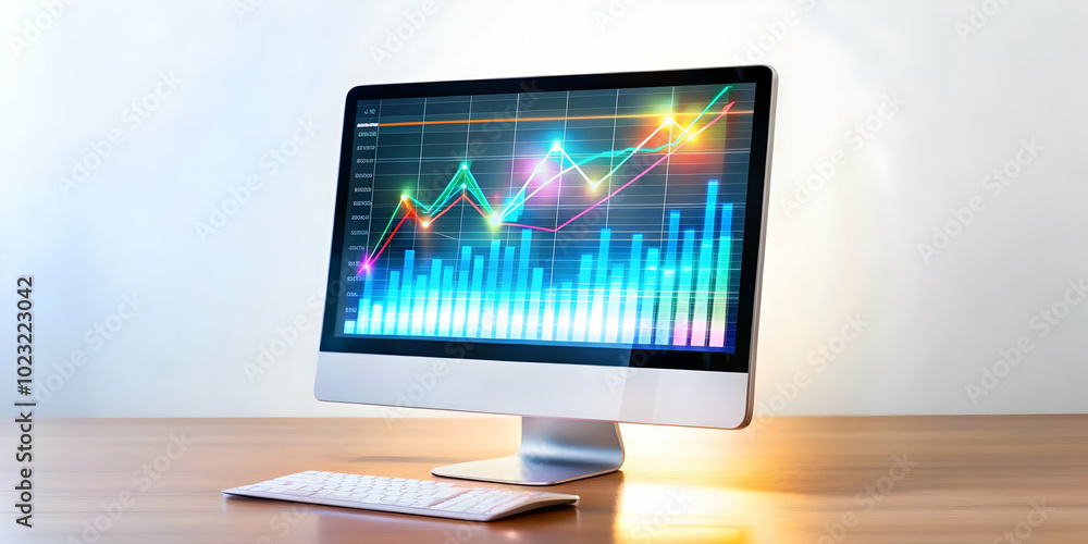 Poster medium angle shot of a glossy desktop monitor displaying floating holographic loan documents and int