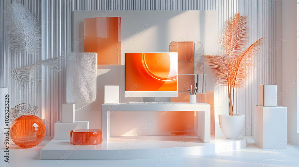 Poster 3d icon glossy home office setup with abstract digital art - sleek modern workspace image for creati