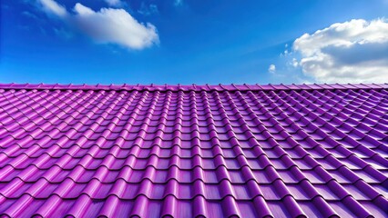A vibrant purple roof with a pattern of overlapping tiles set against a bright blue sky with fluffy white clouds.