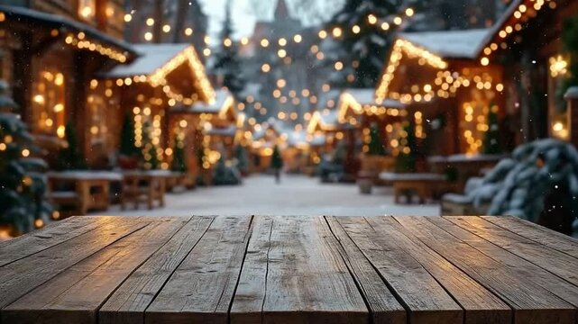 Cozy winter scene at a snowy christmas market, with twinkling lights and european stalls. Perfect for showcasing holiday products. Ready for product montage. Mockup.