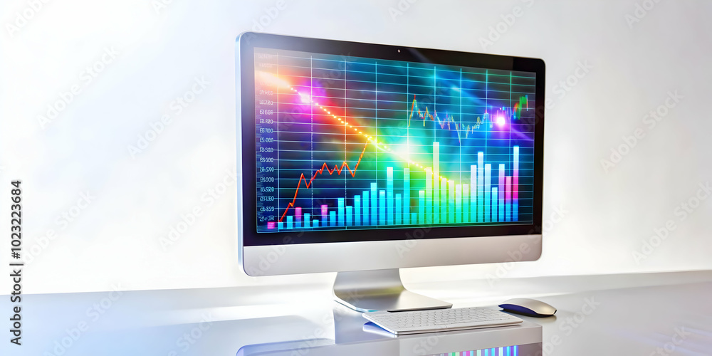 Poster glossy desktop monitor displaying floating holographic loan documents and interest rate graphs - ide
