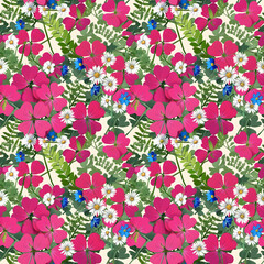 Vibrant floral pattern with pink flowers and daisies on a light background for design projects 