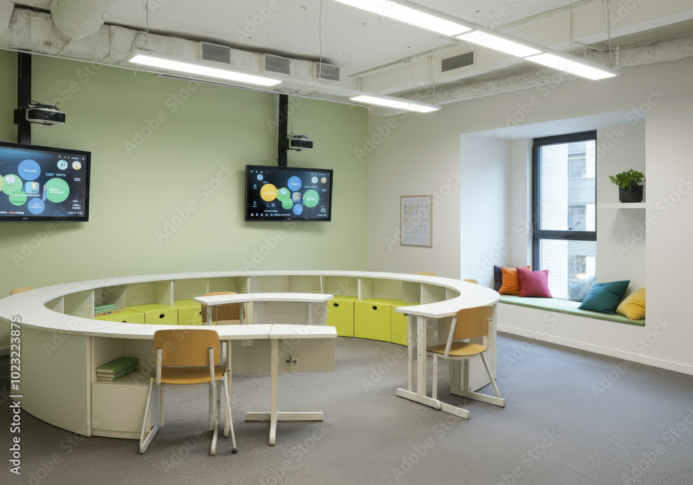 Poster nobody in an empty modern classroom designed for collaborative learning featuring technology