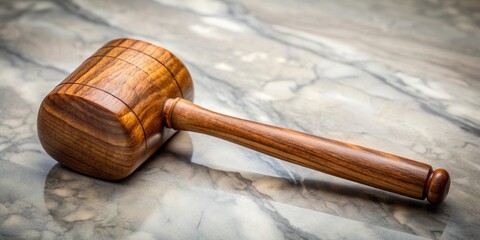 A meticulously crafted wooden gavel, displaying intricate grain patterns and a polished finish, rests on a sleek marble surface.