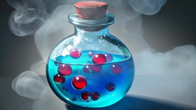 Magical blue potion in glass bottle with mystical smoke