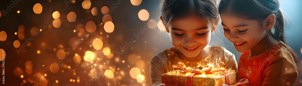 Poster glossy abstract digital art of children creating diwali rangoli: dynamic camera pan showcasing creat