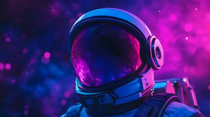 Close-up of an astronaut helmet set against a starry night sky with cosmic elements like nebulae and planets, capturing a dreamy atmosphere through high-contrast lighting and ultra-detail.