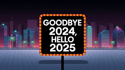 Neon city skyline with a glowing sign announcing New Year's Eve. 
